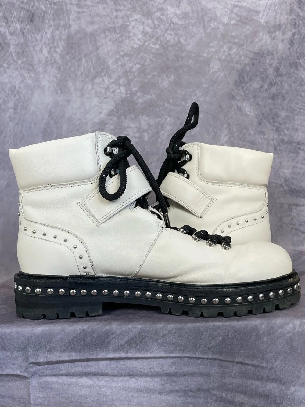 Lola Cruz Patent Leather Off White/ Ivory  Moto Ankle Boots Size 38 US 7.5-8